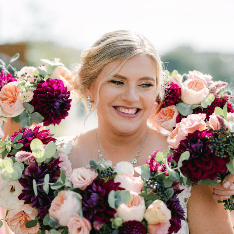 bride headshot surrounded in a circle by all her bridesmaids bouquets